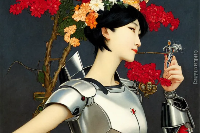 Image similar to a portrait of asian female with short black hair dressed with a robot knight plastic white armor from evangelion, sit in a throne sorrounded by garlands of marble fruits and flowers, masterpiece painted by jc leyendecker