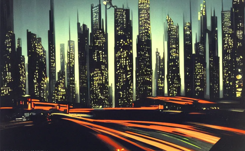 Prompt: futuristic city of cylindrical skyscrapers on a hill at night, view from car passenger window, syd mead