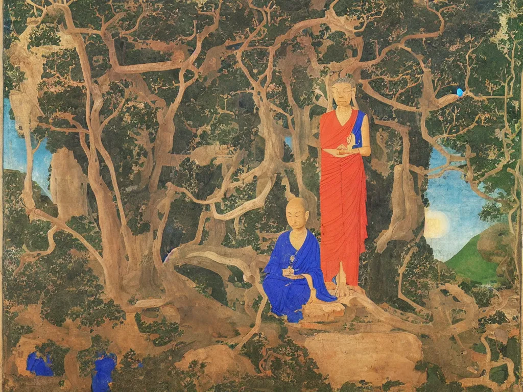 Image similar to portrait of a buddhist deity with cave, dried tree. lapis lazuli, malachite, cinnabar, gold. painting by piero della francesca, balthus, agnes pelton