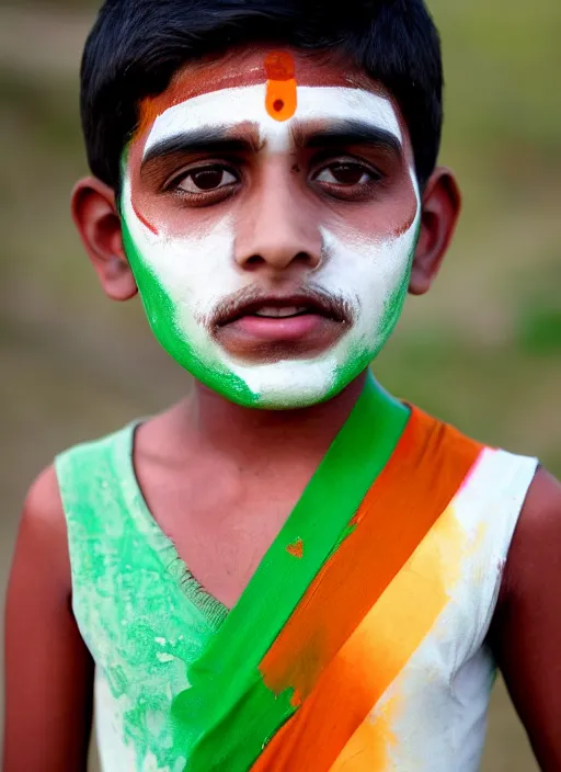 Image similar to a young indian boy with saffron white and green stripes painted on his face, indian flag, chakra in the center