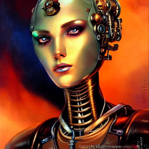 Image similar to close - up portrait of a beautiful female steampunk android in the style of karol bak, moebius