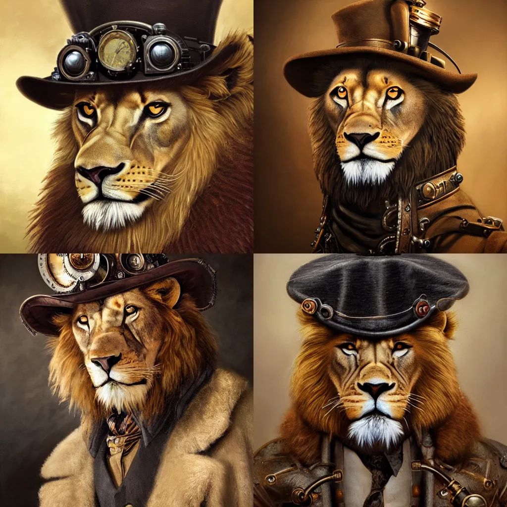 Prompt: oil painting portrait of handsome lion face, wearing very detailed intricate steampunk hat and detective coat, wearing steampunk monocle on his left eyes, upper body, wide angle, fantasy style, octane render, volumetric lighting, 8k high definition, by greg rutkowski, highly detailed, trending on art station,