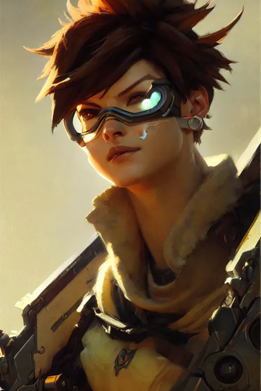 tracer overwatch portrait dnd, painting by gaston