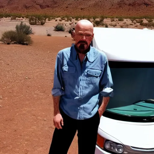 Prompt: walter white. standing beside an rv. backround: desert,