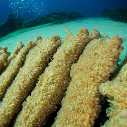 Image similar to underwater photo of breaded fish fillets swimming in a shoal