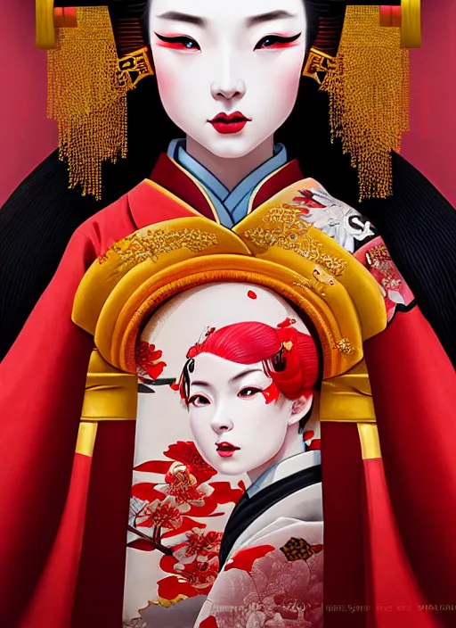 Image similar to dreamlike luxury stunning oiran portrait, red and gold kimono, art by artgerm, wlop, loish, ilya kuvshinov, 8 k realistic, hyperdetailed, beautiful lighting, detailed background, depth of field, symmetrical face, frostbite 3 engine, cryengine,