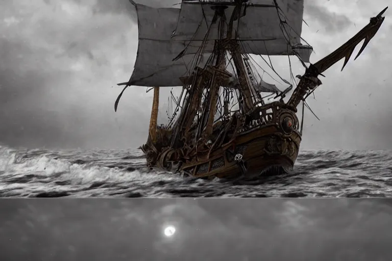 Image similar to epic pirate ship in a storm, sighting the kraken, in the style of vernon grant and chris van allsburg, trending on artstation, bright tilt - shift camcorder effect, photoshop, retrowave, hyperrealism,