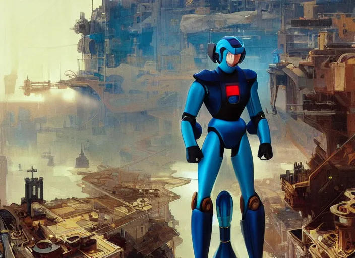 Image similar to megaman x still robotic man look at the cityscape from roof perfect face fine realistic face pretty face neon puffy jacket blue futuristic sci - fi elegant by denis villeneuve tom anders zorn hans dragan bibin thoma greg rutkowski ismail inceoglu illustrated sand storm alphonse mucha