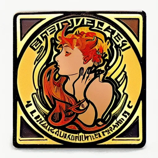 Image similar to a square enamel pin of a fire flames blaze label art by alphonse mucha, smooth curves, behance