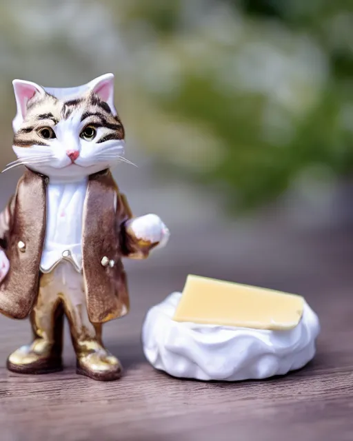 Image similar to high quality presentation photo of a detailed porcelain figurine of a cute cat dressed as Napoleon holding a piece of cheese, photography 4k, f1.8 anamorphic, bokeh, 4k, Canon, Nikon