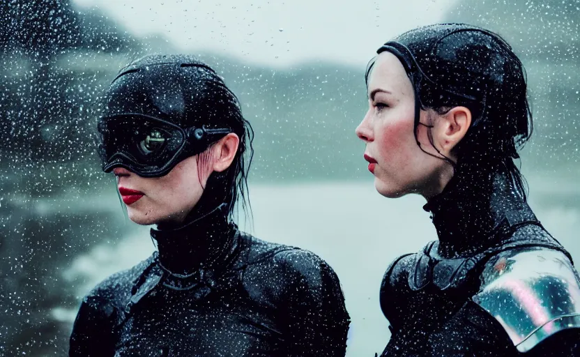 Image similar to cinestill 5 0 d candid action photographic portrait by quentin tarantino of two loving female androids wearing rugged black mesh techwear in treacherous waters, extreme closeup, modern cyberpunk tesla retrofuturism moody emotional cinematic, pouring iridescent rain, 8 k, hd, high resolution, 3 5 mm, f / 3 2, motion blur, ultra realistic faces, ex machina