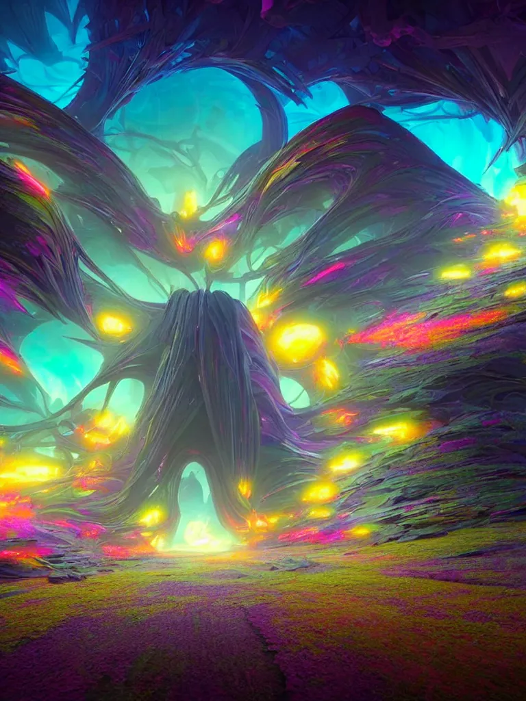 Image similar to entrance to ethereal realm, rendered in unreal engine, central composition, symmetrical composition, dreamy colourful cyberpunk colors, 6 point perspective, fantasy landscape with anthropomorphic!!! terrain!!! in the styles of igor morski, jim warren, and rob gonsalves, intricate, hyperrealistic, volumetric lighting, big sky, distinct horizon