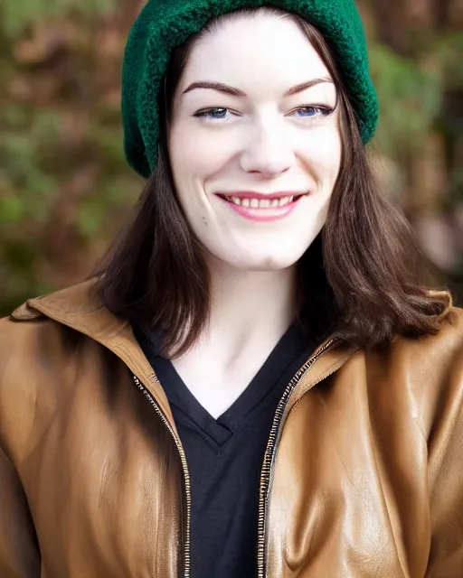 Image similar to headshot of a smiling, stoya, she is wearing a leather bomber cap on her head, she is also wearing an a 2 flight jacket, a long green wool scarf is wrapped around her neck