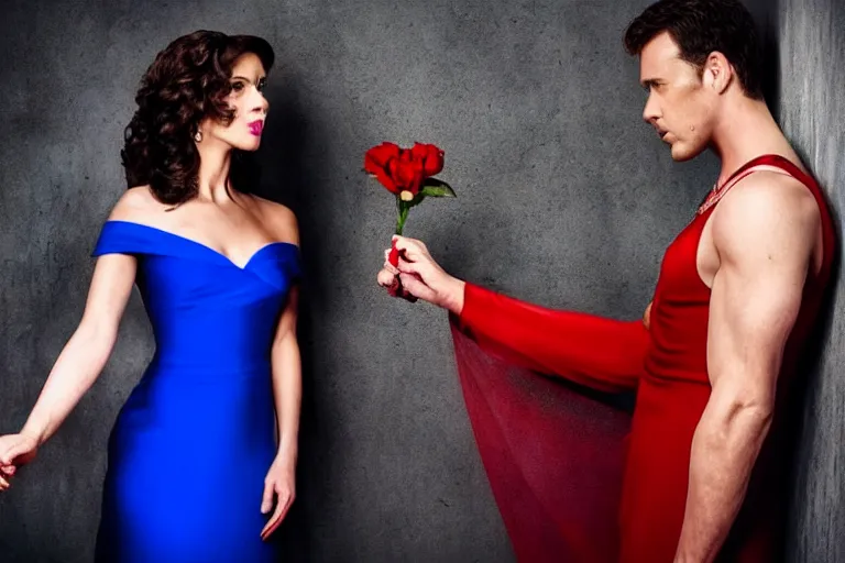 Prompt: full body film still of a man longingly looking at a woman in a red dress as a woman in a blue dress looks dissapointedly at the man in the new romance movie, dramatic angle, dramatic lighting