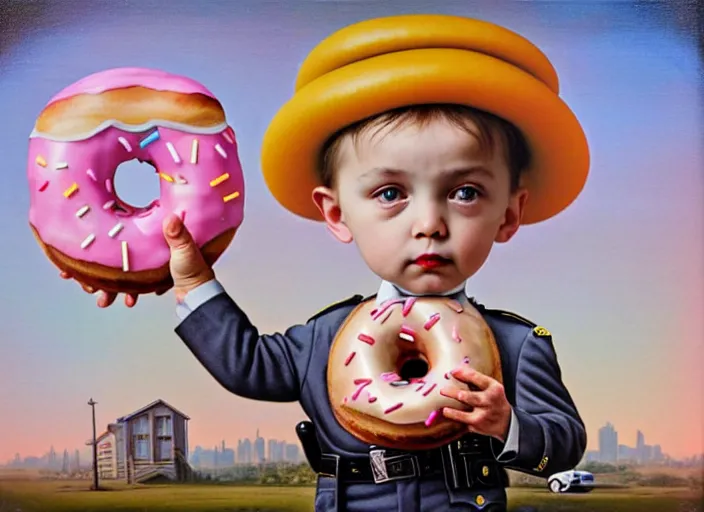 Prompt: a donut dressing a police officer costume, lowbrow, matte painting, 3 - d highly detailed, in the style of mark ryden,