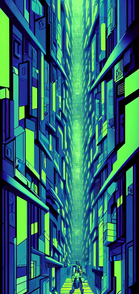 Image similar to post - minimalism, cyberpunk, abstract, slight cubism influence, bladerunner alley, iridescent, comic