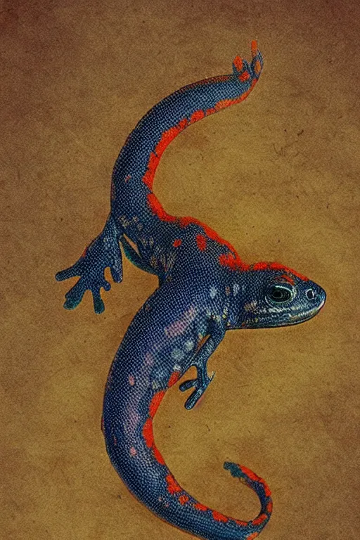 Prompt: iolite salamander,art by Eva Widermann,trending on artstation, indestructible lighting camera view from above,photoshop,anaglyph filter ,lord of the rings ,still life ,film poster,