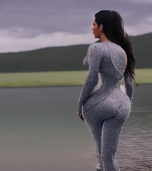 Prompt: rear waist shot film still of kim kardashian wearing high waist jeans, standing by a lake, intricate, elegant, highly detailed, smooth, sharp focus.