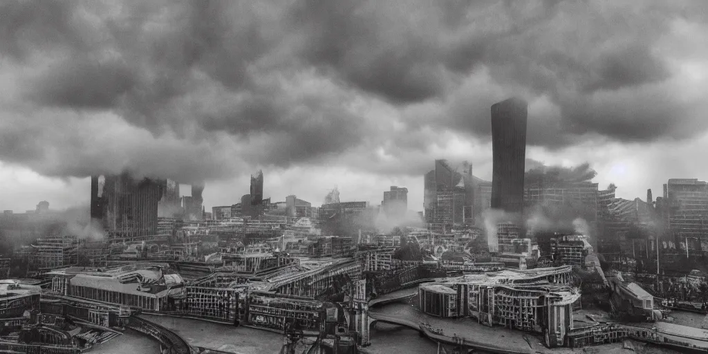 Image similar to a nuclear landscape of the southbank centre in london, the london eye and big ben are still standing, collapsed brutalist architecture, groups of human figures stagger amongst the ruins, fog, dust atmosphere, brooding clouds, mushroom cloud, detailed, 4k