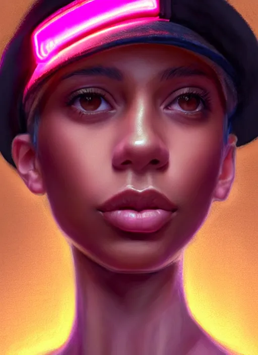 Image similar to portrait of teenage vanessa morgan with bright pink hair, black girl, vanessa morgan, curly pixie cut hair, wearing newsboy cap, newsboy cap, hoop earrings, intricate, elegant, glowing lights, highly detailed, digital painting, artstation, concept art, smooth, sharp focus, illustration, art by wlop, mars ravelo and greg rutkowski