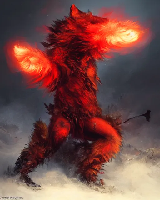 Image similar to oil painting of Angry Anthropomorphized Wolf Berserker, wearing red fur, claws, sharp focus, attack pose, fantasy style, octane render, volumetric lighting, 8k high definition, by greg rutkowski, highly detailed, trending on art Station, burning Battlefield background, centered