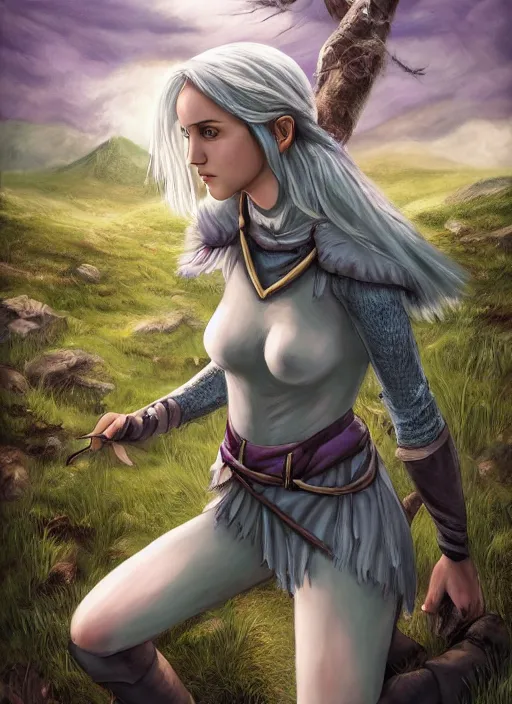 Prompt: A fantasy comic book roleplaying game style portrait painting of Maika Monroe as a grey elf in a mountain meadow sanctuary, DAZ, hyperrealistic, ambient light, dynamic light