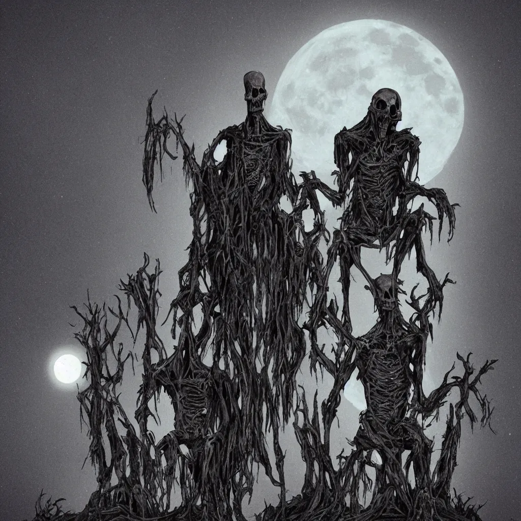 Image similar to creepy dark tall creature sitting on a throne made of skulls, moonlight