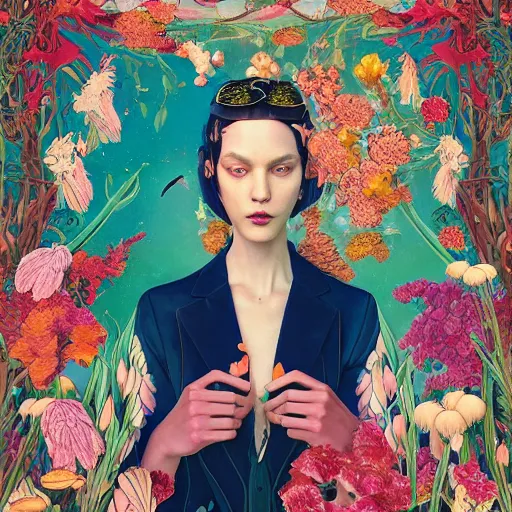 Image similar to pretty model with botanical and birds : : by martine johanna and simon stalenhag and chie yoshii and casey weldon and wlop : : ornate, dynamic, particulate, rich colors, intricate, elegant, highly detailed, vogue, harper's bazaar art, fashion magazine, smooth, sharp focus, 8 k, octane render