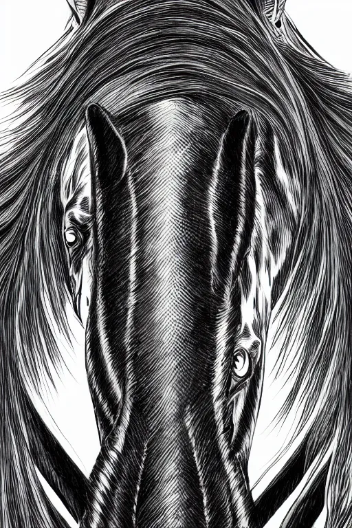 Prompt: fanged horse, symmetrical, highly detailed, digital art, sharp focus, trending on art station, kentaro miura manga art style