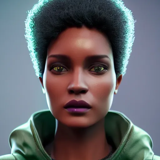 Image similar to black woman, hairstyle = short bob!!!, hair colour = light grey!!!, eyes = purple, wearing dark green bomber jacket, realistic 4 k octane beautifully detailed render, 4 k post - processing, highly detailed, intricate complexity, epic composition, magical atmosphere, cinematic lighting, masterpiece, ultra hd