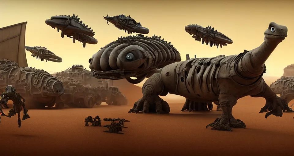 Prompt: pixar flying dinosaurs googly eyes, fury road, dune movie, a 1 0 warthog, warm colored highly detailed cinematic scifi render of 3 d sculpt of spiked gears of war skulls jabbas palace cybertron, military chris foss, smelting pit'beeple, halo, star citizen, halo, mass effect, flying in sky