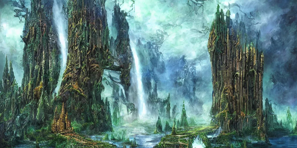 Prompt: side tower on dark evil malachite stronghold, with blood waterfall, towering under outer world forrest, rivers and lakes, art by Dmitry Dubinsky, masterpiece