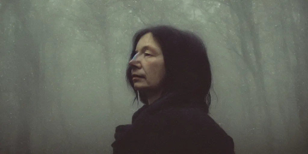 Prompt: portrait bust of woman, tarkovsky, film grain, kodachrome, dense forest, long black hair, cloth, heavy fog, hudson river school, 4 k, dramatic lighting, sunrise, hayao miyazaki, masashi ando, nizou yamamoto, kazuo oga, joe hisaishi, yoji takeshige, naoya tanaka