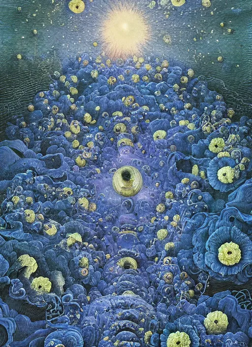 Image similar to detailed, intricate blue black and purple papaverum flower on the field, nebula, galaxy in the sky, winning award masterpiece, fantastically beautiful, illustration, aestheticly inspired, jacek yerka, upscale with anguissola sofonisba work, artstation, 8 k