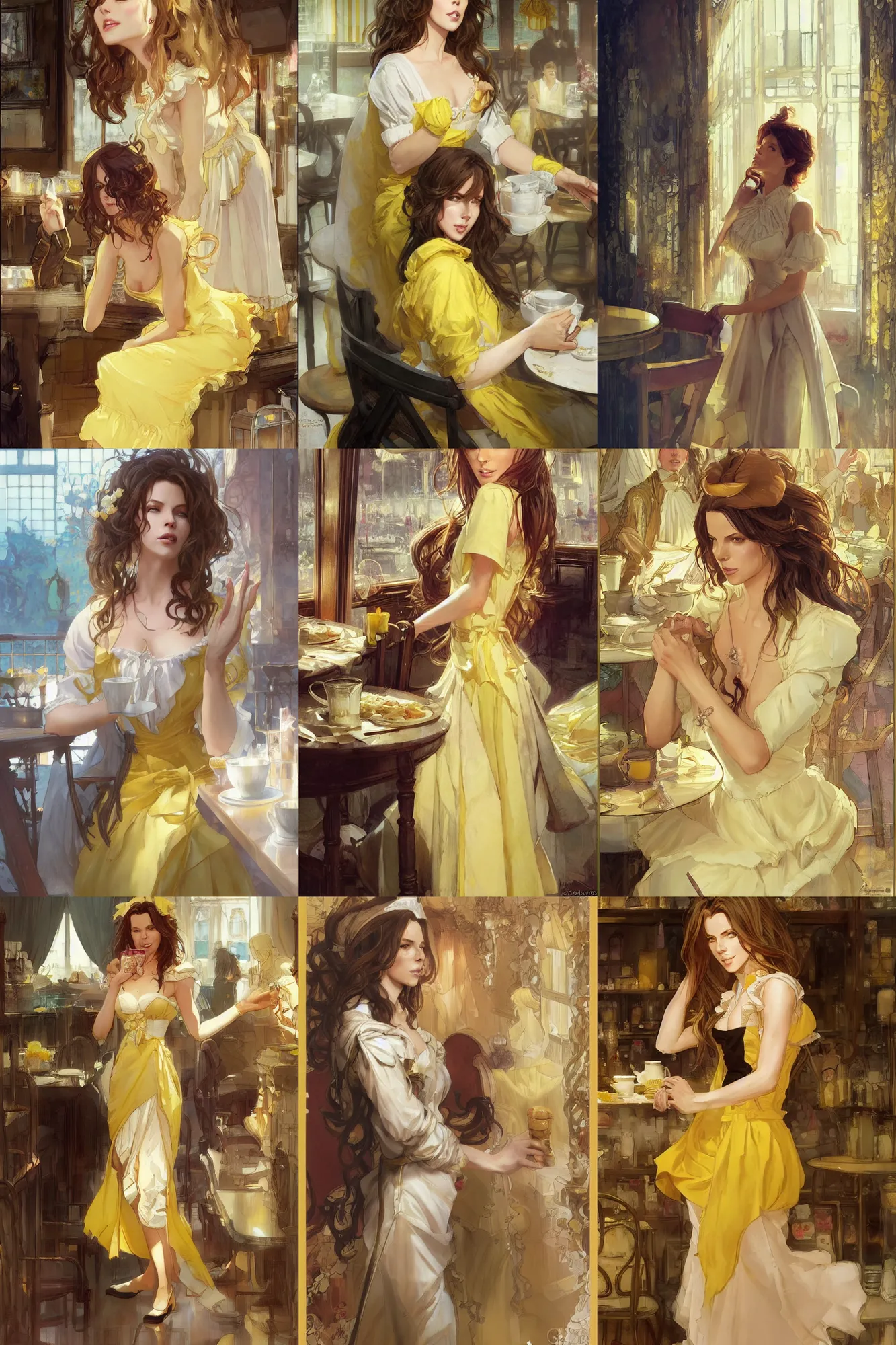 Prompt: A kate beckinsale in a maid's outfit in a cafe a afternoon, wavy hair yellow theme,S line,45 angel by krenz cushart and mucha and greg rutkowski