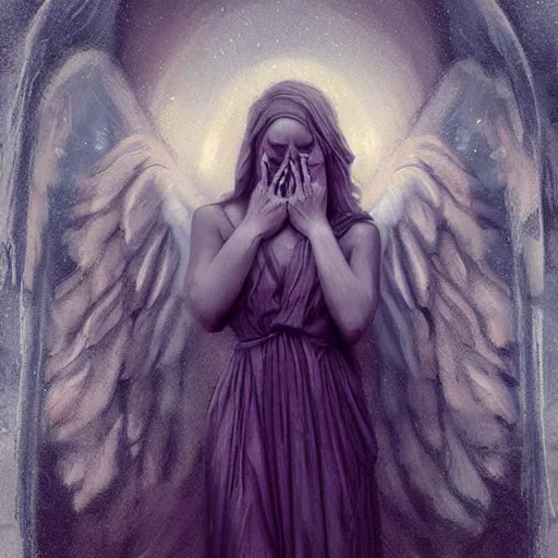 Prompt: scary angel statues standing crying in a graveyard, mirror glass aesthetic. rich ominous colours, ambient lighting, dynamic lighting, 4 k, atmospheric lighting, painted, intricate, highly detailed by charlie bowater