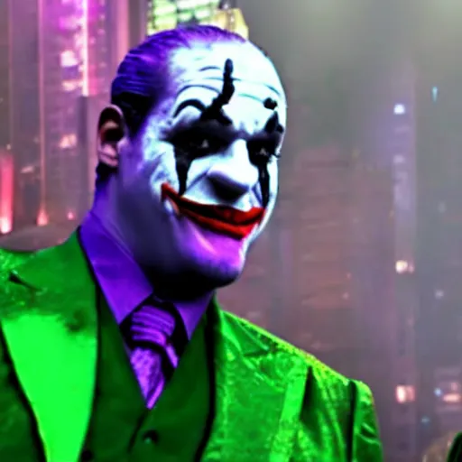 Image similar to cinematic close - up film still of shaquille o ’ neal as the joker in gotham city, shaq as the joker in his iconic green and purple suit with clown make - up