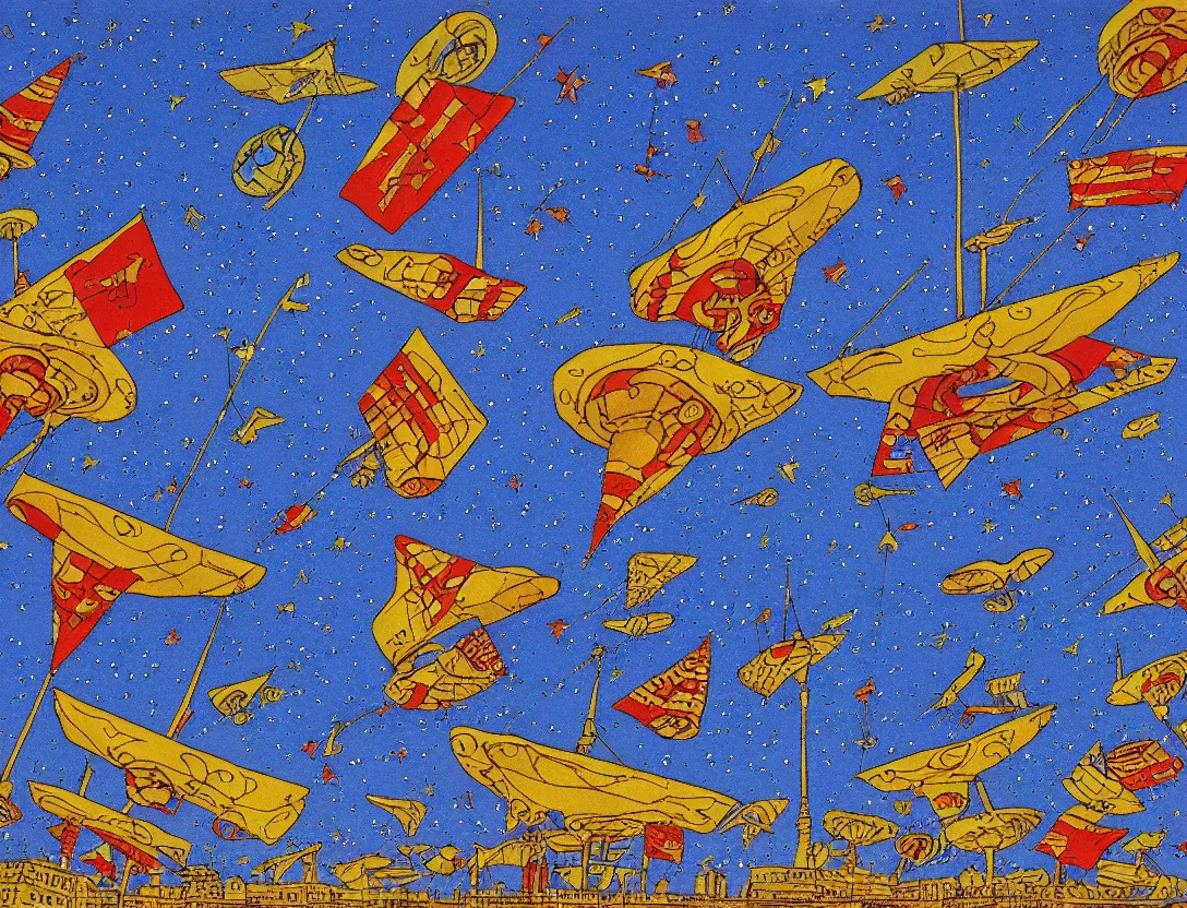 Image similar to ufos flying mysterious flags over a small city, low angle, stylized, sparse detail, by mati klarwein and moebius