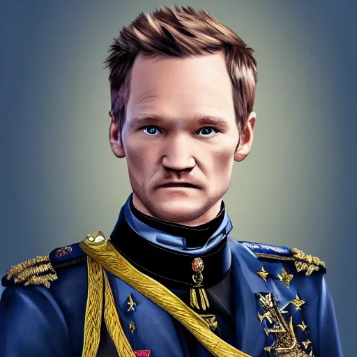 Image similar to full body portrait of Barney Stinson dressed as a prussian general, digital art, highly detailed, award winning, concept art, intricate, sharp focus, masterpiece, Trending on Artstation HQ, unreal engine 5, 4K UHD image