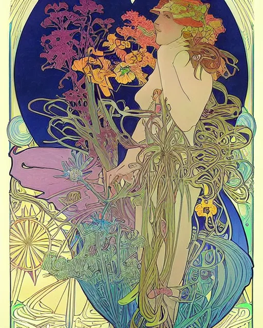 Image similar to psychedelic exotic flowers on a mysterious planet by Alphonse Mucha, Moebius, hiroshi yoshida, Art Nouveau, colorful, ultradetailed, vivid colour, 3d