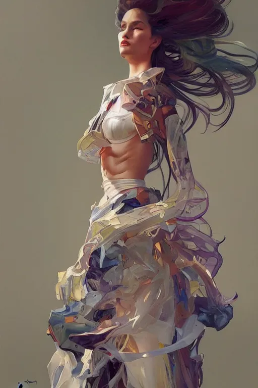 Image similar to an hyper intricate oil painting of gen z model wearing a fashion outfit with a clean t - shirt for mockups, full body ultra fashion model pose by vogue, excellent composition, by yoshitaka amano, by greg rutkowski, by alphonse mucha, by rhads, by ross tran, trending on artstation