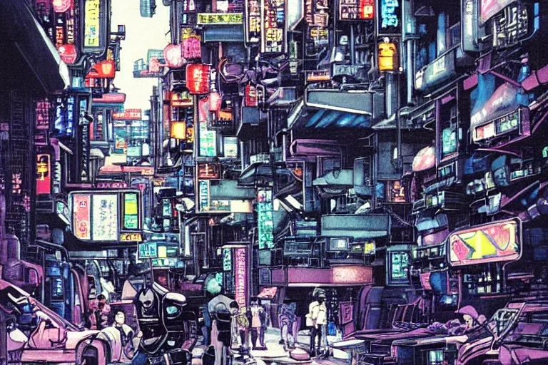 Image similar to 1 9 7 9 science fiction depicting mechwarrior walking at street level in neo - tokyo with beautiful scenery. art by tim conrad and vic bonilla