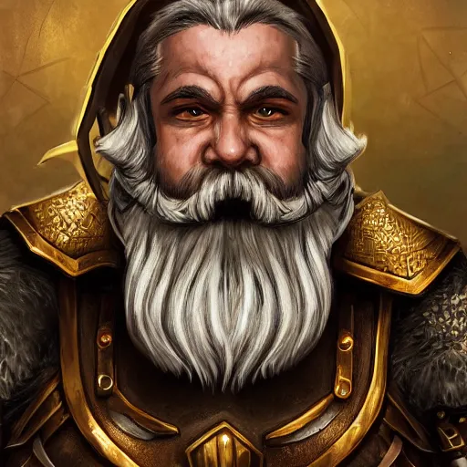 Image similar to portrait, 40 years old man :: fantasy dwarf :: thick beard, brown eyes, short pure white hair :: full plate armor, golden decoration :: high detail, digital art, RPG, concept art, illustration