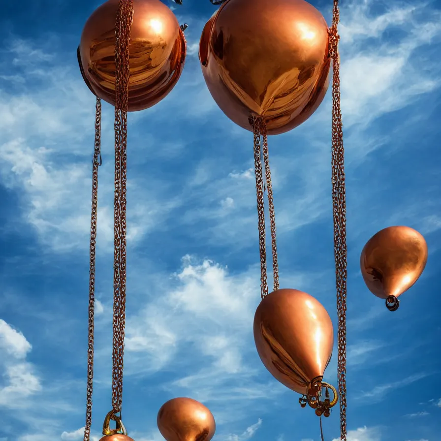 Image similar to beautiful blimps high in the sky, copper chains hanging from the edges, steampunk styled, golden hour, steam clouds, clouds, valves, award winning photography, highly detailed, low poly, extremely wide angle