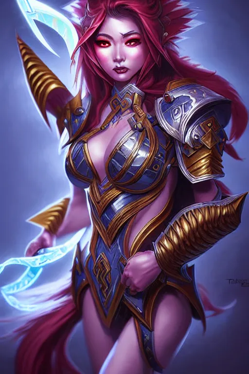 Image similar to shocking sakimi chan, fantasy armor, detailed face, dynamic lighting, tony sart