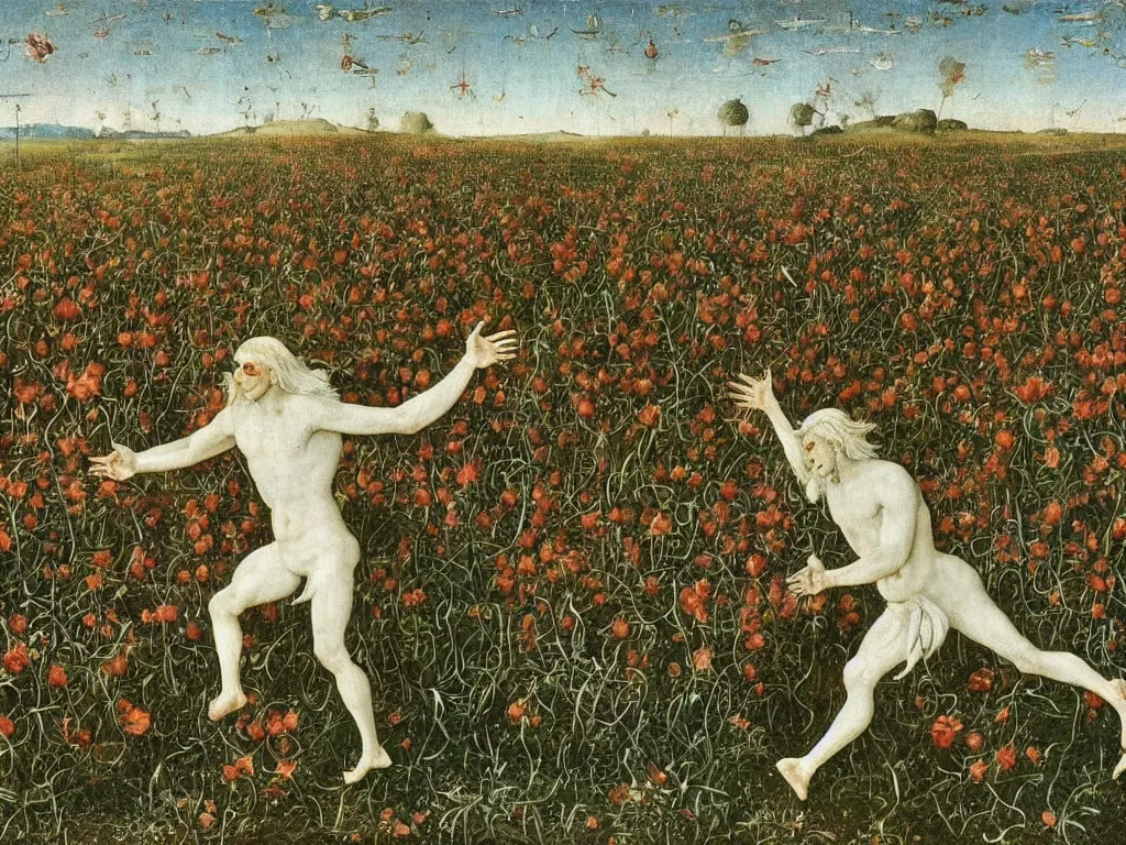 Prompt: White flaming devil running in the flower field, holding the world in his raised arms. Shadows loom over the land. Painting by Bosch, Bekinski