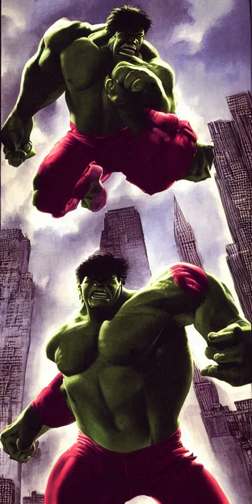 Image similar to a portrait of the incredible hulk looking angry in new york city by alex ross dramatic lighting.