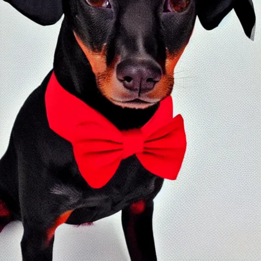 Prompt: pinscher wearing a black tuxedo and a red tie