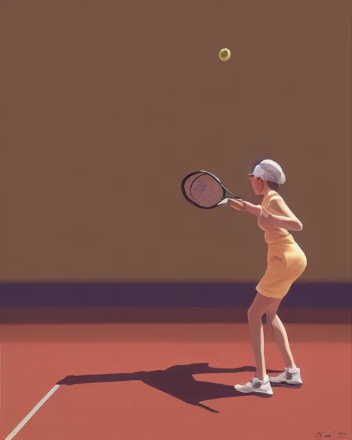 Image similar to woman playing tennis painted by George Tooker volumetric lighting, back lighting, rimlight, dramatic lighting, digital painting, highly detailed, artstation, sharp focus, illustration, Artgerm, Jean-Léon Gérôme , ruan jia