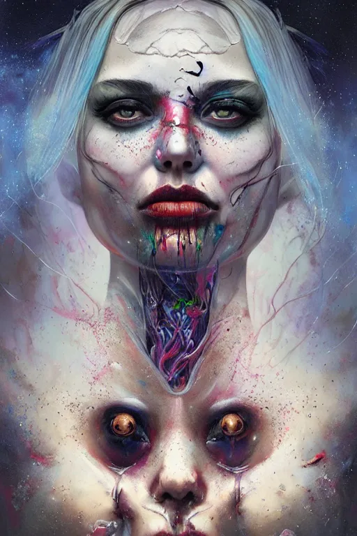 Image similar to dream portrait of the beautiful goddess death,full character, melting ,8k,by tristan eaton,Stanley Artgermm,Tom Bagshaw,Greg Rutkowski,Carne Griffiths, Ayami Kojima, Beksinski, Giger,trending on DeviantArt,face enhance,hyper detailed,minimalist,horror, android, full of colour